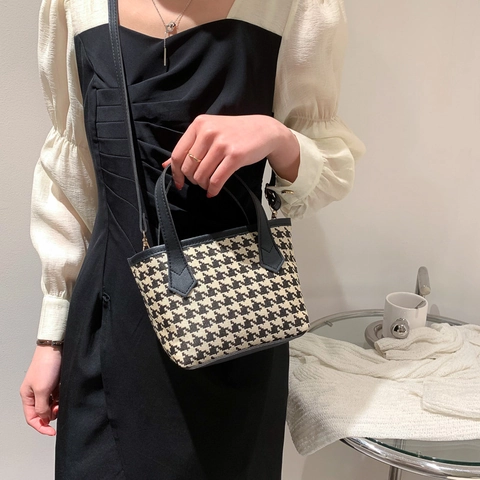 Bolso De Hombro Con Patrón De Pata De Gallo Lana Cuero PU Empalme Bolso De Mano Correa Ajustable Mujeres Vintage Tote