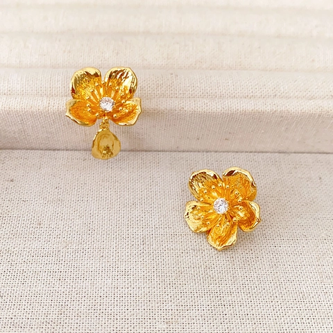 Asymmetrische 3D Blumen Ohrstecker Mit 925 Sterling Silber Ohrring Stecker Vergoldet Kupfer Zirkon Französisch Retro