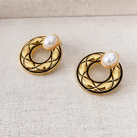 Vintage Round Quilted Drop Earrings Brass With 925 Sterling Silver Earring Post Faux Artificial Pearl Elegant For Women