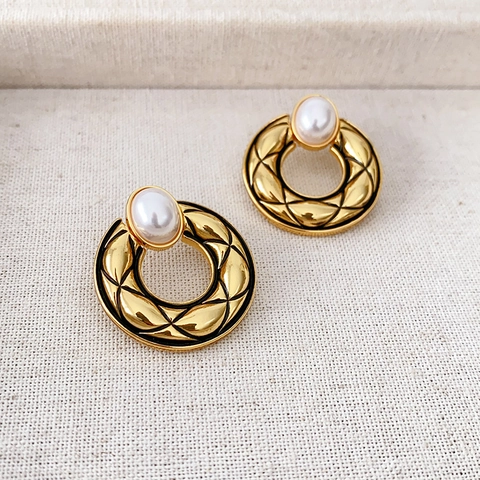Vintage Round Quilted Drop Earrings Brass With 925 Sterling Silver Earring Post Faux Artificial Pearl Elegant For Women