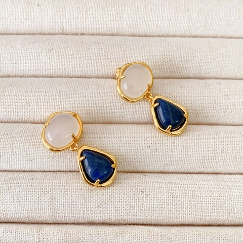 Vintage Dangle Earrings With 925 Sterling Silver Earring Post Gold Plated Copper Sodalite Agate Inlaid Retro Jewelry