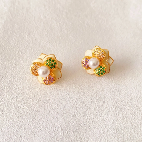 Camellia Flower Stud Earrings With Enamel Zircon And Artificial Pearl 925 Sterling Silver Earring Post Elegant French Retro Jewelry