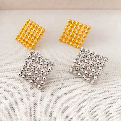 French Minimalist Square Beaded Stud Earrings Geometric Grid Copper With 925 Sterling Silver Earring Post Women