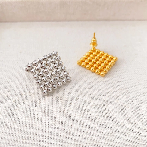 French Minimalist Square Beaded Stud Earrings Geometric Grid Copper With 925 Sterling Silver Earring Post Women