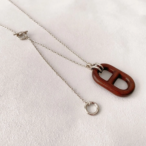 Anchor Link Pendant Necklace Brass Chain With Wood Charm Toggle Clasp Long Sweater Chain Vintage Retro For Women