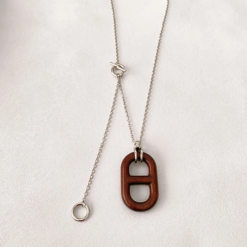 Anchor Link Pendant Necklace Brass Chain With Wood Charm Toggle Clasp Long Sweater Chain Vintage Retro For Women