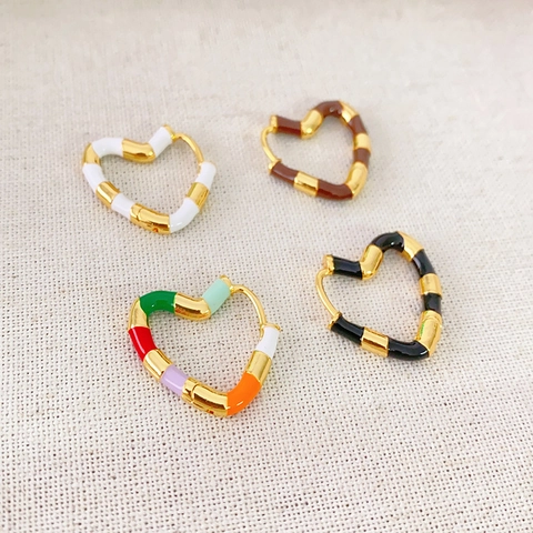 Orecchini a Cerchio in Ottone Placcato Oro 18K Smalto Bambù Vintage Cuore Quadrifoglio Orecchini a Bottone per Donna Gioielli