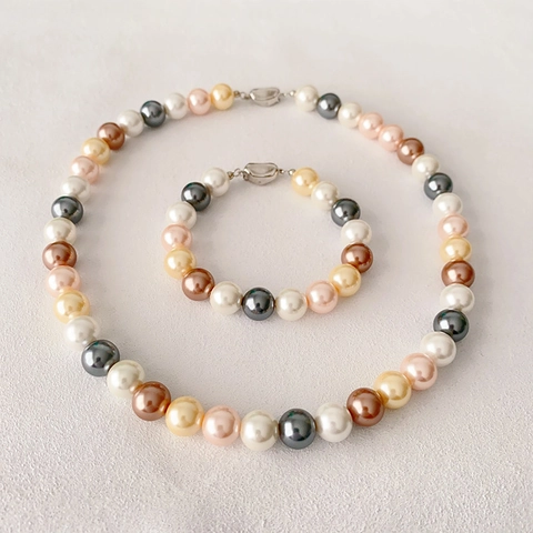 French Vintage Multi Color Imitation Artificial Pearl Beaded Necklace And Bracelet Set Elegant Handmade Jewelry For Women Daily Party