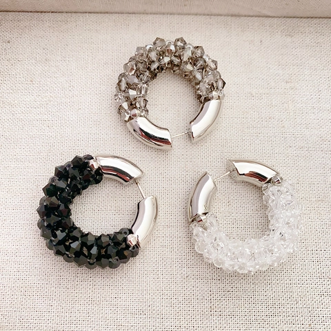 Chic C-Shaped Beaded Hoop Earrings For Women Handmade Woven Artificial Crystal Alloy Minimalist Elegant Jewelry