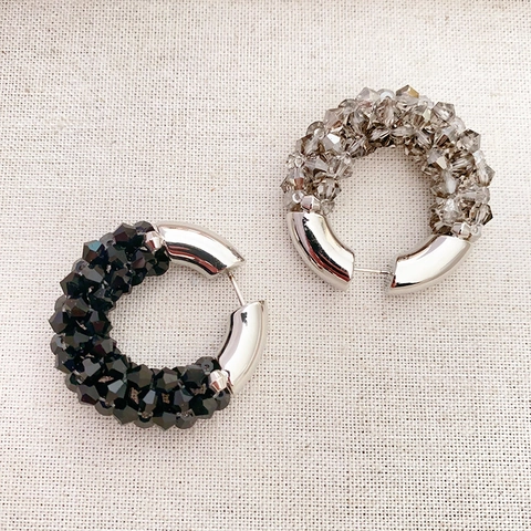 Chic C-Shaped Beaded Hoop Earrings For Women Handmade Woven Artificial Crystal Alloy Minimalist Elegant Jewelry