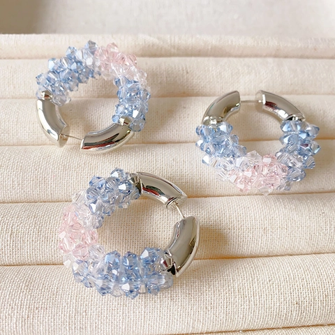 Fashion C-Shaped Hoop Earrings For Women With Copper Base And Multi-Color Crystal Beaded Accents Retro Style Jewelry