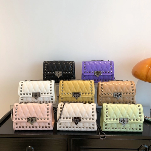 Fashion Women Quilted Studded Chain Small Square Bag PU Leather Shoulder Crossbody Bag With Rockstud Design Metal Lock