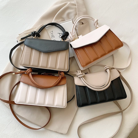 Women Fashion Contrast Color PU Leather Handbag Vertical Pleated Small Square Crossbody Bag With Knotted Handle Adjustable Strap