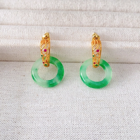 Boucles D'oreilles Anneau Rond Creux Style Chinois Cuivre Plaqué Or Avec 925 Sterling Silver Earring Post Pierre Verte Vintage