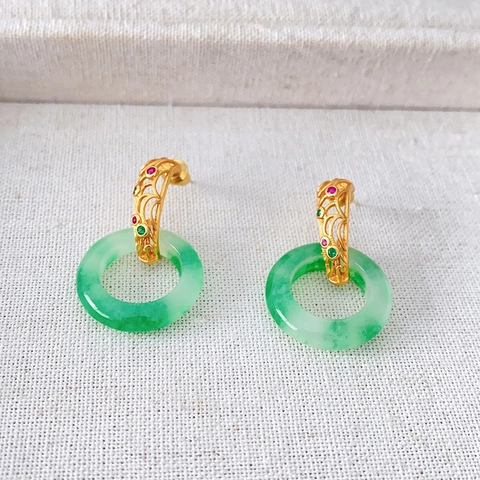 Boucles D'oreilles Anneau Rond Creux Style Chinois Cuivre Plaqué Or Avec 925 Sterling Silver Earring Post Pierre Verte Vintage