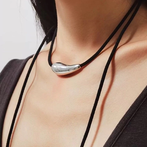 Minimalist Water Drop Pendant Necklace Copper Silver Plated Adjustable Black Rope Sweater Chain For Women