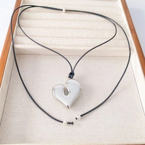 Heart Pendant Necklace Copper Polished Large 3D Love Long Black Rope Cord Sweater Chain Minimalist Style For Women