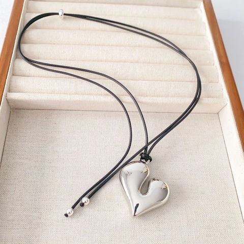 Heart Pendant Necklace Copper Polished Large 3D Love Long Black Rope Cord Sweater Chain Minimalist Style For Women