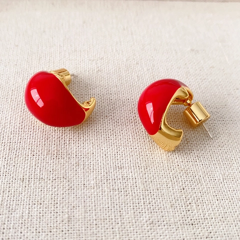 Orecchini A Lobo A Forma Di C In Smalto Rosso Con Perno In Argento Sterling 925 Ottone Placcato Oro Vintage Elegante Per Donna