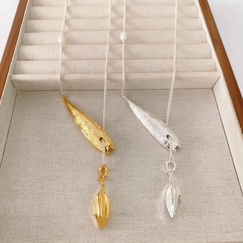 Vintage Messing Weidenblatt Ohrstecker Und Y-Halskette Mit Perle 18K Gold Silber Vergoldet Gebürstete Textur Schmuck Für Damen Büro Bankett