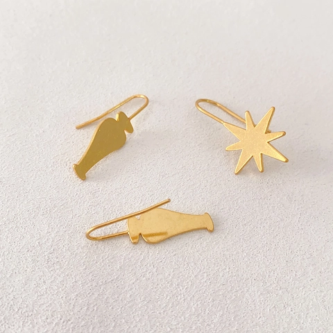 Vintage Asymmetrical Octagonal Star And Vase Ear Hooks Matte 18K Gold Plated Brass Dangle Earrings For Women