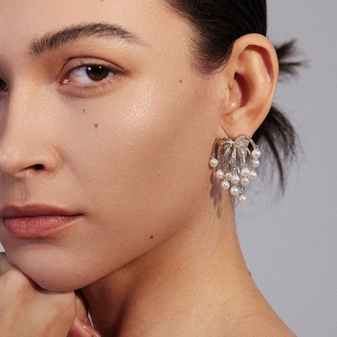 Waterfall Fountain Firework Artificial Pearl Copper Stud Earrings And Ear Clips With 925 Sterling Silver Earring Post For Women Elegant