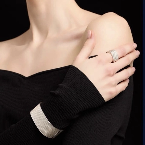 Anello Quadrato Arrotondato In Rame Da Donna Placcato Argento Trama Mesh Fascia Larga Geometrico Minimalista Gioielli Moda