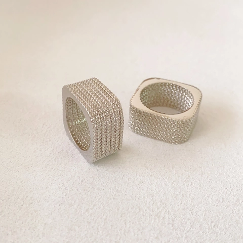 Anello Quadrato Arrotondato In Rame Da Donna Placcato Argento Trama Mesh Fascia Larga Geometrico Minimalista Gioielli Moda