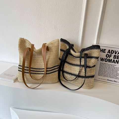 Borsa Tote in Paglia Intrecciata Vintage da Donna Grande Capacità Borsa a Tracolla a Strisce Casual da Spiaggia Estiva con Cerniera