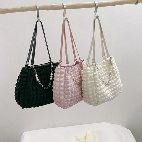 Women Large Capacity Bubble Texture Pleated Tote Bag With Artificial Pearl Chain Decor Canvas Commuter Shoulder Bag Korean Style