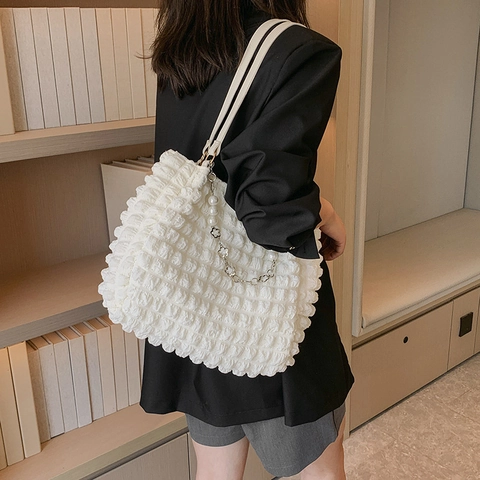 Bolso de Hombro de Gran Capacidad para Mujer Bolso Tote Coreano con Pliegues de Burbuja de Nailon con Cadena de Perlas Artificiales