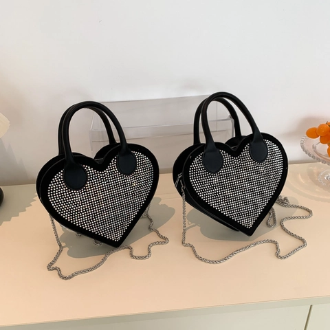 Heart-Shaped Handbag Women Rhinestone Rivet Chain Crossbody Bag PU Leather Sparkling Party Fashion Tote