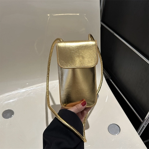 Women's Metallic PU Leather Phone Crossbody Bag Glossy Small Square Shoulder Bag For Daily Party Gold Silver Black Rose Red