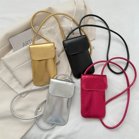 Women's Metallic PU Leather Phone Crossbody Bag Glossy Small Square Shoulder Bag For Daily Party Gold Silver Black Rose Red
