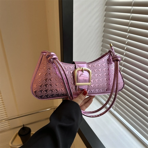Mode Damen Achseltasche Metallic Lackleder Hahnentritt Stern Geprägt Baguette Tasche Mit Goldener Schnalle Für Party Alltag