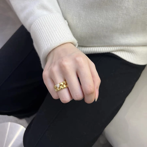 Double Layer Stacked Heart Ring Brass With Paved Zircon Micro Inlaid Shiny Fashion Jewelry For Women Elegant