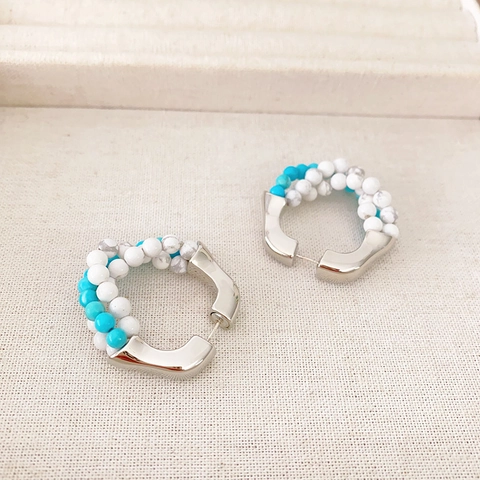Boheemse Beaded C Oorringen Messing Turquoise Witte Marmeren Steen Met 925 Sterling Zilveren Oorstokjes Voor Dames Vintage