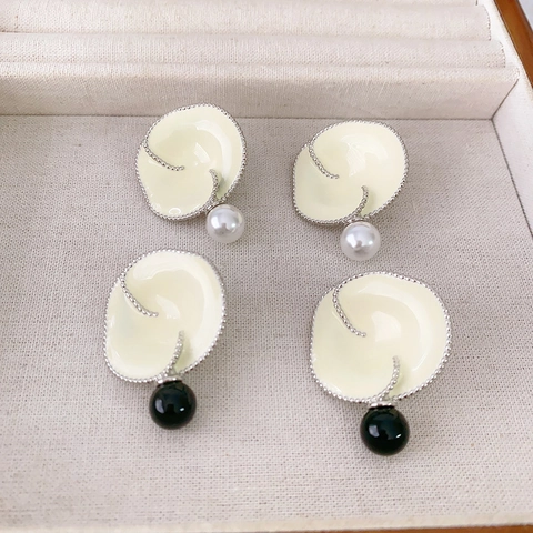 Orecchini A Goccia Con Petali Di Fiori Rame Smalto Perla Artificial Agata Nera Perno In Argento Per Donna Moda