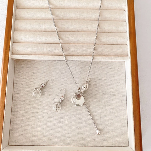 Gioielli Collana E Orecchini Ottone Cristallo Bianco Design Zucca Minimalista Placcato Argento Donna