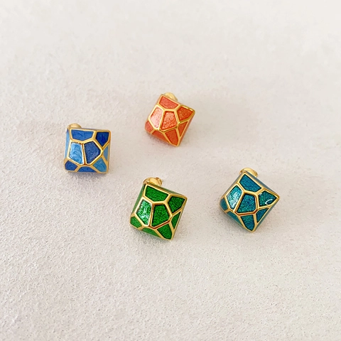 Orecchini A Lobo Quadrati Geometrici Smalto Griglia Colorata Gioielli In Rame Con Perno In Argento Sterling 925