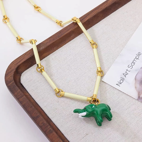 Elephant Pendant Necklace Copper Handmade Enamel Bamboo Style Chain Detachable Chic Animal Jewelry Gift For Women