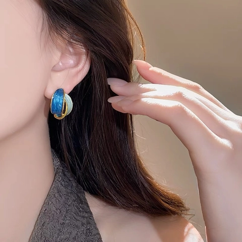 Retro Geometric Intersecting Stud Earrings Blue Enamel Copper Gold Plated With 925 Sterling Silver Earring Post