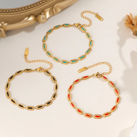 Vintage Oval Enamel Stainless Steel Bracelet For Women Gold Plated Colorful Drip Glue Niche Design Geometric Chain Jewelry