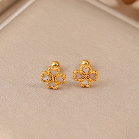 Clover Heart Shape Stud Earrings Stainless Steel With Mother Of Artificial Pearl Shell Enamel Inlay French Vintage Elegant For Women