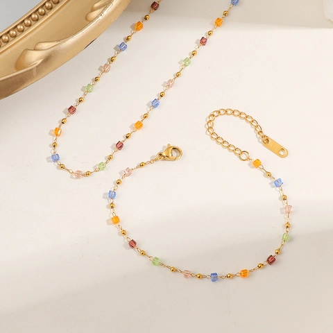 Colorful Crystal Bead Titanium Steel Necklace Bracelet 18K Gold Plated Geometric Square Charm For Women Elegant Minimalist Jewelry