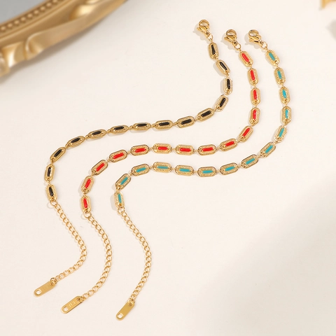 Vintage Oval Enamel Stainless Steel Bracelet For Women Gold Plated Colorful Drip Glue Niche Design Geometric Chain Jewelry