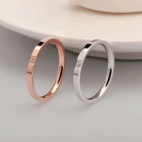 Minimalist Stainless Steel Single Zirconia Ring For Women Thin Band Gold Rose Gold Silver Korean Style Jewelry Ring Gift