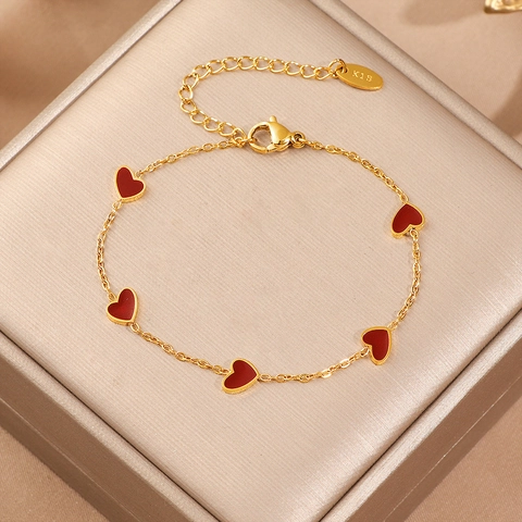 Pulsera De Dijes Con Forma De Corazón Acero Inoxidable Esmalte Rojo Chapado En Oro Ajustable