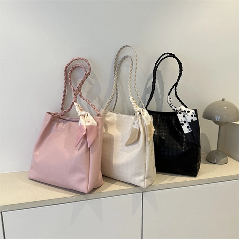 Borsa Tote da Donna alla Moda Goffrata Pied-de-poule con Sciarpa di Raso Manico Intrecciato Grande Capacità Borsa a Spalla