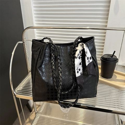 Borsa Tote in Pelle PU di Grande Capacità Con Manico Intrecciato Foulard in Seta Fantasia Pied De Poule per Donna Ufficio Casual